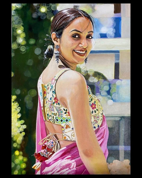 Oil portrait of an Indian lady by HueWing, capturing cultural essence and intricate details